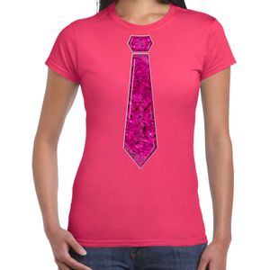 Verkleed t-shirt voor dames - stropdas roze - pailletten - roze - carnaval - foute party