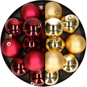 24x stuks kunststof kerstballen mix van donkerrood en goud 6 cm