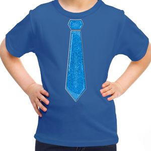Verkleed t-shirt voor kinderen - glitter stropdas - blauw - meisje - carnaval/themafeest kostuum