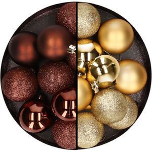 24x stuks kunststof kerstballen mix van donkerbruin en goud 6 cm