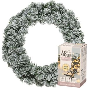 Kerstkrans groen met sneeuw 35 cm incl. verlichting warm wit 4m