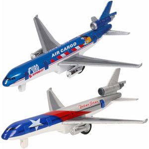 Speelgoed vliegtuigen setje van 2 stuks zilver en blauw 19 cm