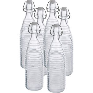 6x Glazen flessen transparant strepen met beugeldop 1000 ml