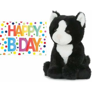 Pluche knuffel kat/poes zwart/wit van 18 cm met A5-size Happy Birthday wenskaart - Verjaardag cadeau setje