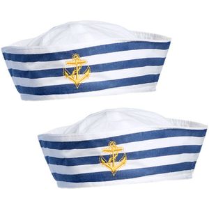 Carnaval verkleed Matroos/Matrozen hoedje - 2x - wit/blauw - voor volwassenen - Maritiem thema