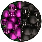 Decoris - kleine kerstballen 32x stuks - mix zwart en paars - 4 cm - kunststof