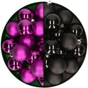Decoris - kleine kerstballen 32x stuks - mix zwart en paars - 4 cm - kunststof