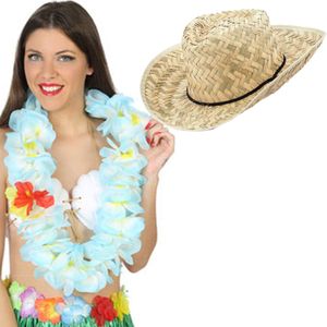 Carnaval verkleed set - Tropische Hawaii party - strohoed - met volle bloemenslinger in paars