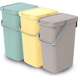 GFT/rest afvalbakken set - 3x - 25L - beige/groen/geel - 26 x 29 x 48 cm - afval scheiden