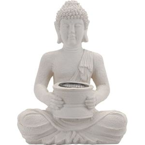 Witte solar Boeddha beeld tuinverlichting 31 cm