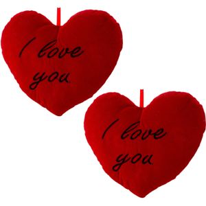 Sierkussentje Valentijn/I Love You hartje vorm - 2x - rood - 25 x 33 cm