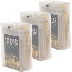 Set van 3x stuks draadverlichting lichtsnoer met 100 lampjes warm wit op batterij 1000 cm