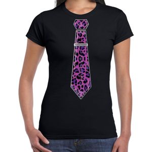 Verkleed T-shirt voor dames - panterprint stropdas - zwart - foute party - carnaval/themafeest