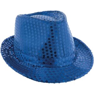 Carnaval verkleed Trilby hoedje met glitter pailletten - blauw - polyester - heren/dames
