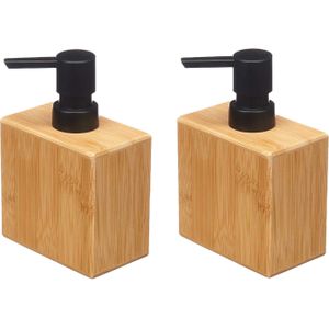 Luxe zeeppompje/dispenser Bamboo - 2x - lichtbruin/zwart - hout - 10 x 6 x 15 cm - 500 ml