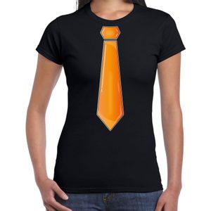 Verkleed t-shirt voor dames - stropdas oranje - zwart - carnaval - foute party - verkleedshirt