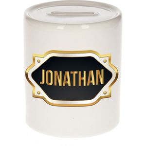 Naam cadeau spaarpot Jonathan met gouden embleem