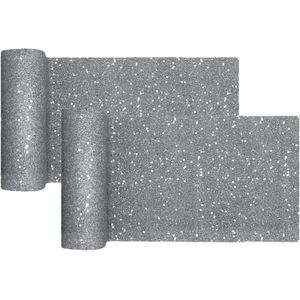 Tafelloper op rol - 2x - zilver glitter - smal  18 x 500 cm - polyester