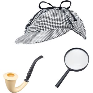 Carnaval verkleed set - detective - vergrootglas/pijp/pet - Sherlock Holmes - feestkleding