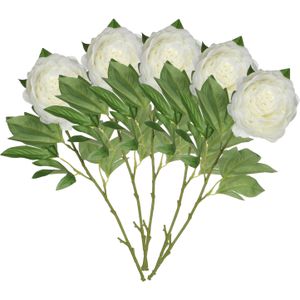 Kunstbloem pioenroos - 5x - Creme - 76 cm - polyester - decoratie bloemen