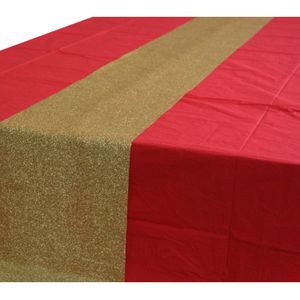 Rood tafelkleed 274 x 137 cm met gouden tafelloper met glitters voor de kersttafel