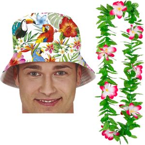 Carnaval verkleed set - Tropische Hawaii party - bucket hoedje - met bloemenslinger - volwassenen