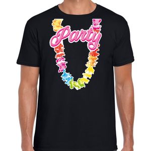 Tropical party T-shirt voor heren - bloemenkrans - zwart - carnaval/themafeest