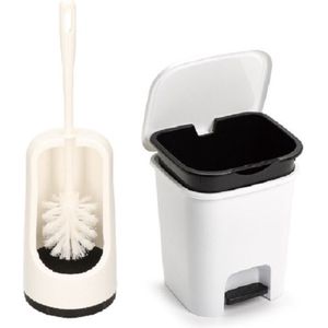 PlasticForte Badkamer/toilet accessoires - WC-borstel en pedaalemmer 7.5L - wit - kunststof