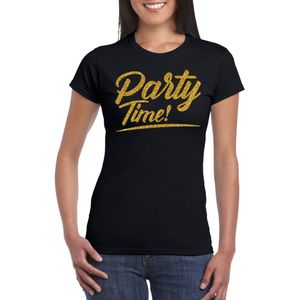 Verkleed T-shirt voor dames - party time - zwart - goud glitter - carnaval/themafeest