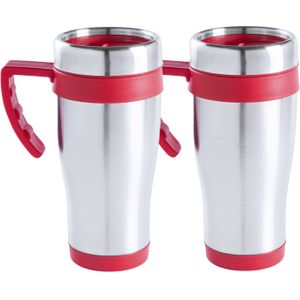 Warmhoudbeker/thermos isoleer koffiebeker/mok - 2x - RVS - zilver/metallic rood - 450 ml - Reisbeker