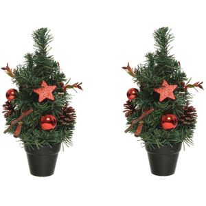 2x stuks mini kunst kerstbomen/kunstbomen met rode versiering 30 cm