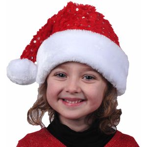 Kerstmuts - rood met pailletten- polyester - voor kinderen