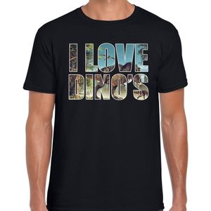 Tekst t-shirt I love dinosaurs met dieren foto van een dino zwart voor heren