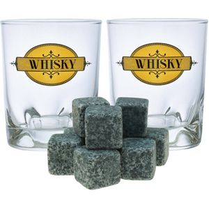 Luxe whiskyglazen set 6x stuks 240 ml met 9x whisky ijsblokstenen