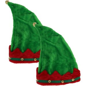 Elfenmutsen - 2x - groen/rood - met belletjes - volwassenen - 41 cm - polyester - kerstelf accessoir