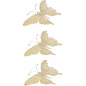 6x stuks kerst decoratie vlinder creme glitter