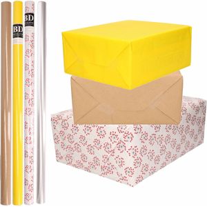 8x Rollen transparant folie/inpakpapier pakket - geel/bruin/wit met hartjes 200 x 70 cm