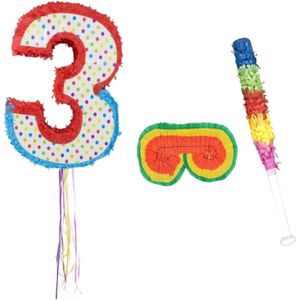 Verjaardag Pinata nummer 3 van 105 x 40 cm - set met stok en masker