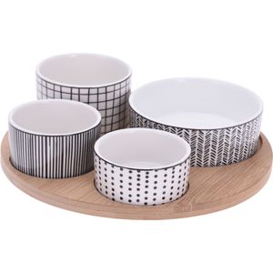 Excellent Houseware Ronde Serveerset - Set van 4 Luxe Hapjes/Sausjes/Tapas Schaaltjes op Bamboe Houder