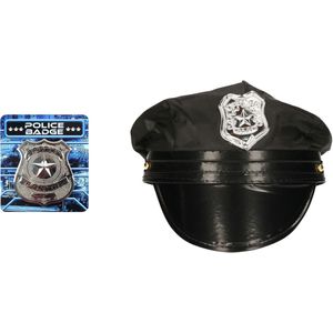 Carnaval verkleed politie agent pet - zwart - met police badge - kinderen - accessoires