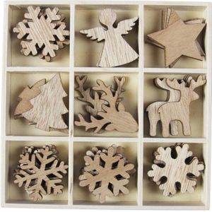 Kleine kersthangers figuurtjes - 72x stuks - hout - 3,5-4 cm