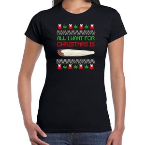 Foute Kersttrui/t-shirt voor dames - All I want for Christmas is wiet - zwart - joint