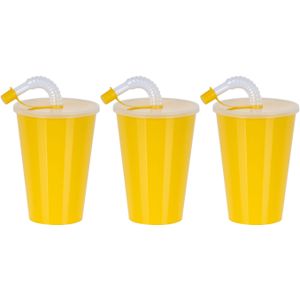 Drinkbeker met deksel en rietje - 6x - geel - kunststof - 450 ml - 12 x 9 cm