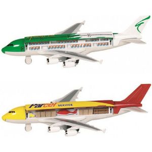 Speelgoed vliegtuigen setje van 2 stuks groen en geel 19 cm