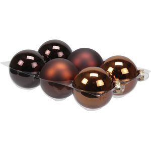 Kerstballen - 6x st - mahonie bruin - 8 cm - glas - mat/glans - kerstversiering