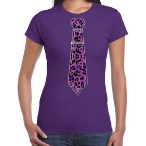 Verkleed T-shirt voor dames - panterprint stropdas - paars - foute party - carnaval/themafeest