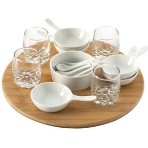 Serveerplank/amuse/aperitief hapjes - bamboe/porselein - wit - voor 4x personen - 14-delig