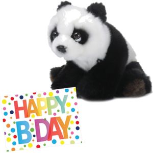 Pluche Knuffel Panda Beer 15 cm met A5-size Happy Birthday Wenskaart - Verjaardag Cadeau Setje