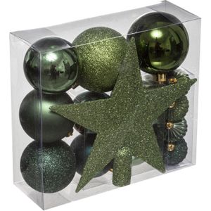 Set van 17x stuks kunststof kerstballen met ster piek khaki groen