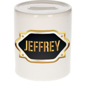 Naam cadeau spaarpot Jeffrey met gouden embleem